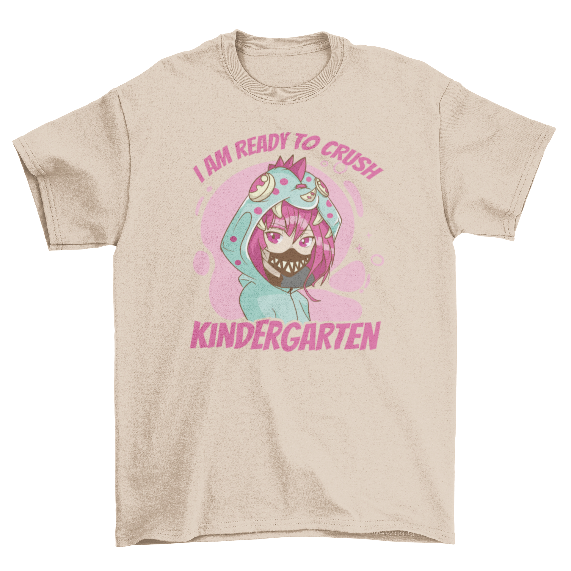 A colorful t-shirt featuring an anime girl dressed as a dinosaur with the quote 'I am ready to crush kindergarten'.