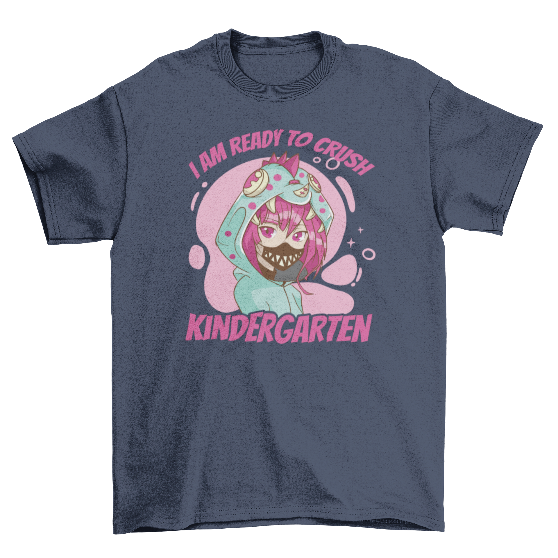 A colorful t-shirt featuring an anime girl dressed as a dinosaur with the quote 'I am ready to crush kindergarten'.