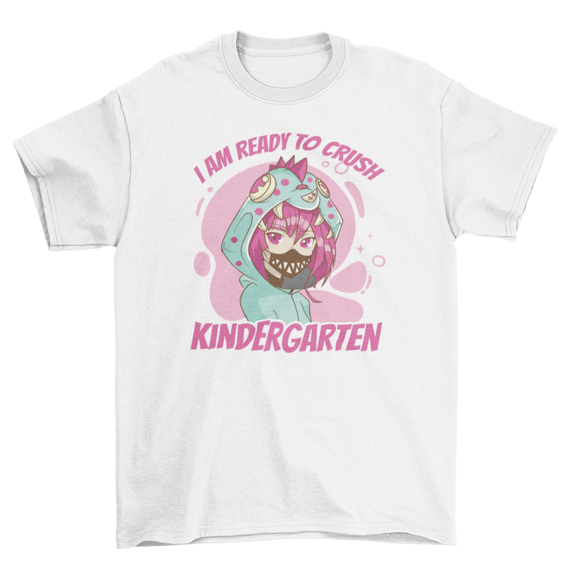 A colorful t-shirt featuring an anime girl dressed as a dinosaur with the quote 'I am ready to crush kindergarten'.