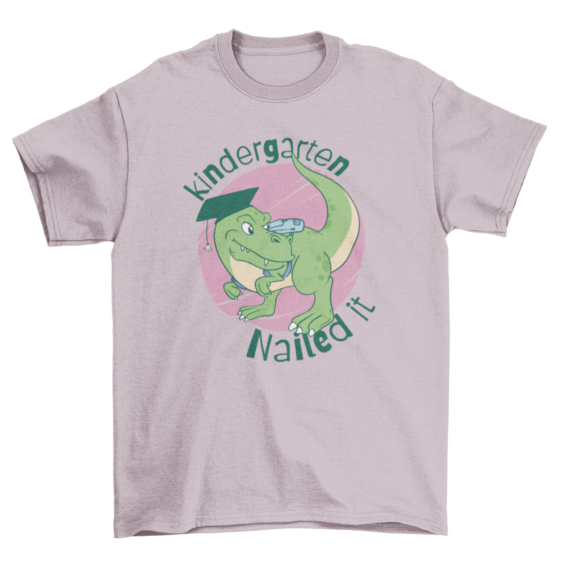 A colorful kindergarten dinosaur cartoon t-shirt featuring a dinosaur with a cap and backpack next to the quote 'Kindergarten nailed it'.