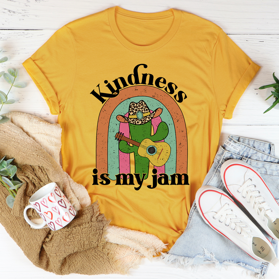 A soft, comfortable Kindness Is My Jam T-Shirt featuring a positive message, made from durable cotton with double stitching.