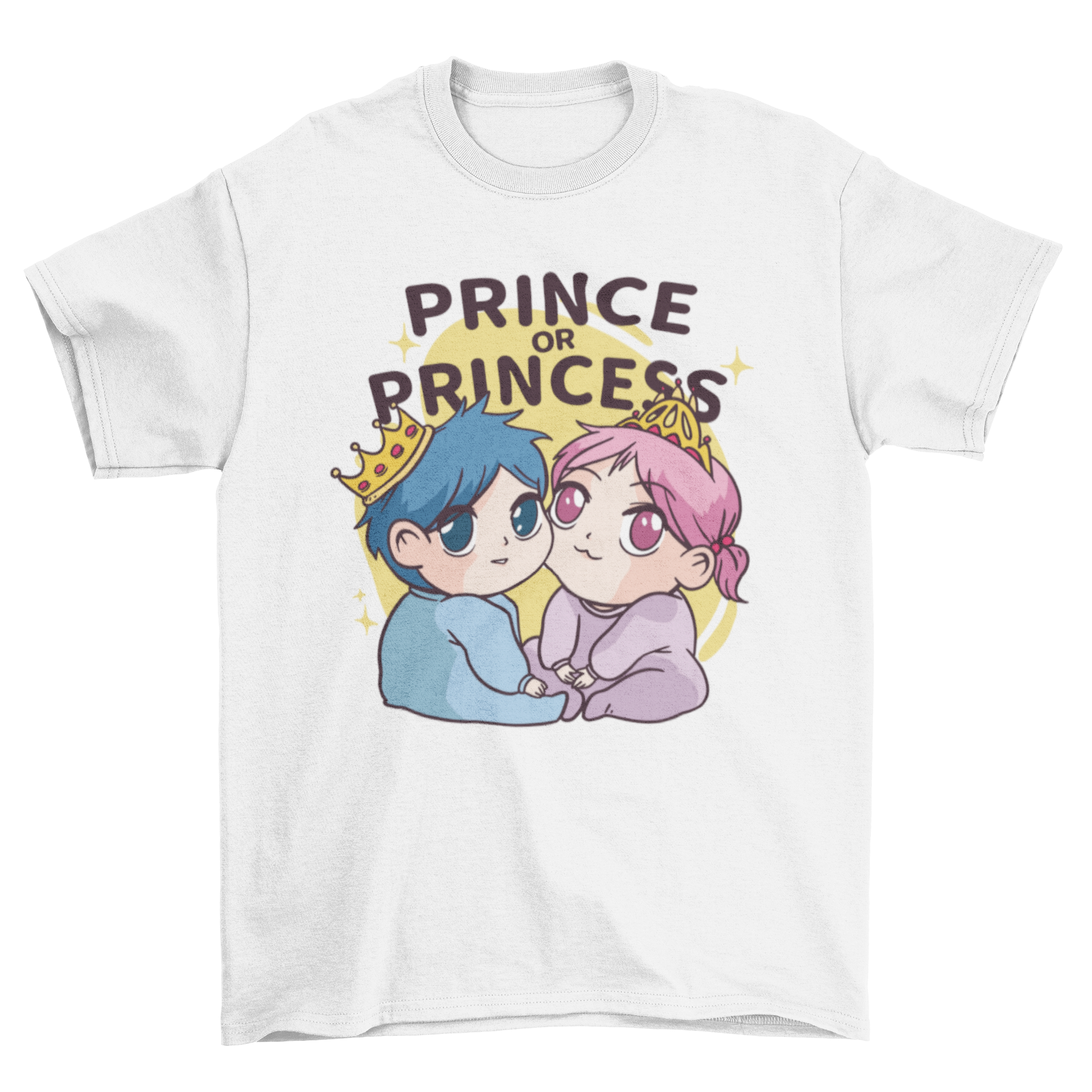 Adorable King and Queen Babies T-shirt featuring cute baby characters with crowns and the quote 'Prince or Princess'.