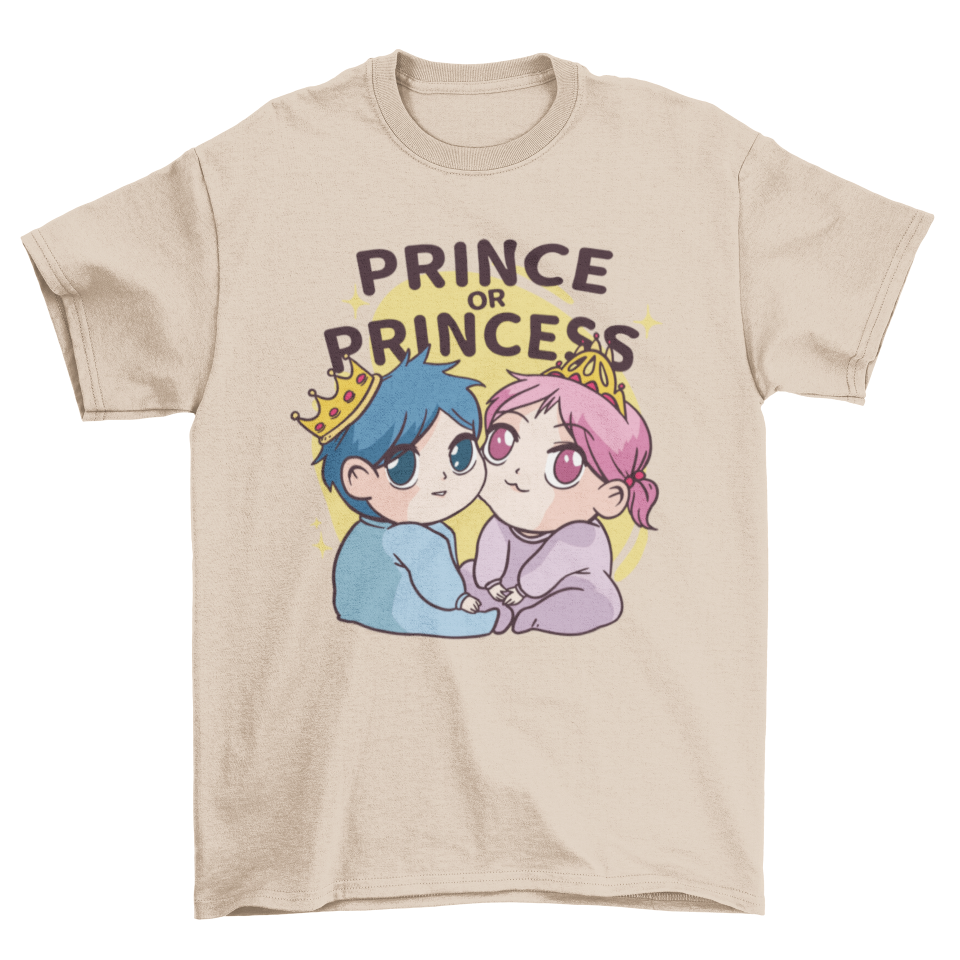 Adorable King and Queen Babies T-shirt featuring cute baby characters with crowns and the quote 'Prince or Princess'.