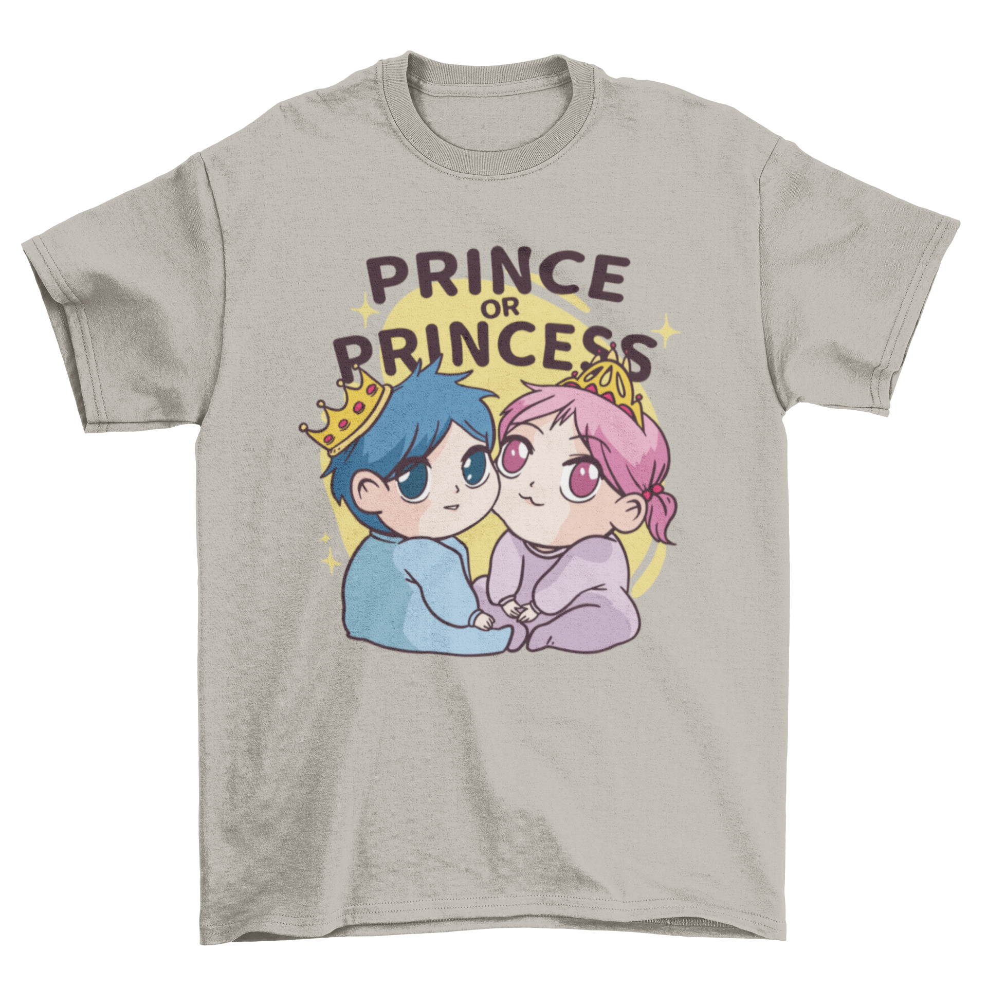 Adorable King and Queen Babies T-shirt featuring cute baby characters with crowns and the quote 'Prince or Princess'.