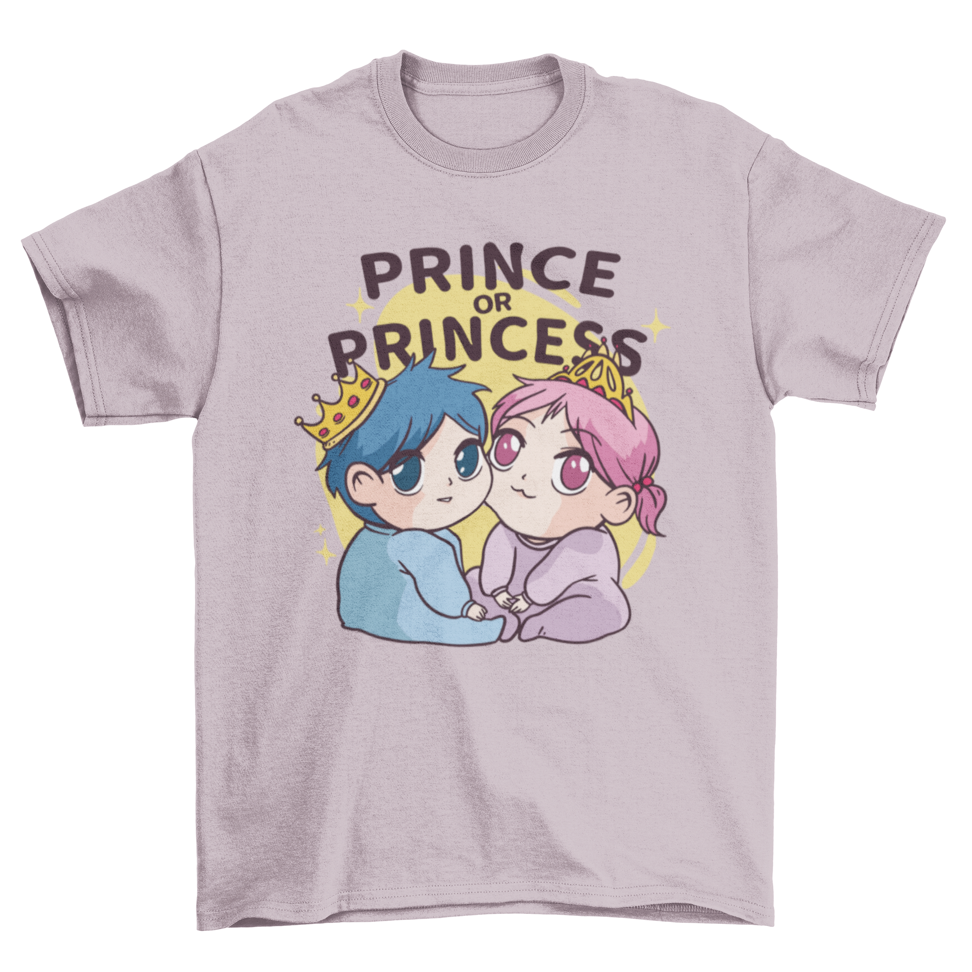 Adorable King and Queen Babies T-shirt featuring cute baby characters with crowns and the quote 'Prince or Princess'.