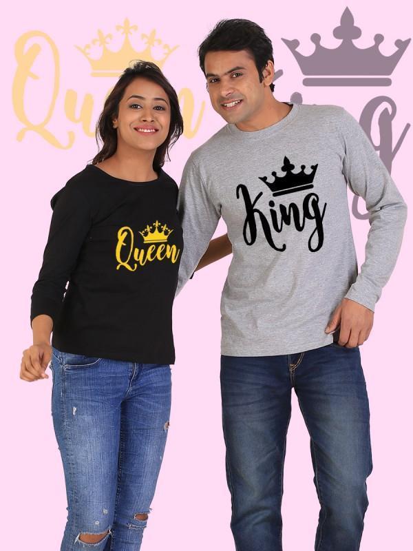 King and Queen Couple Full Sleeves t-shirts in soft cotton, featuring unique couple designs for stylish matching outfits.