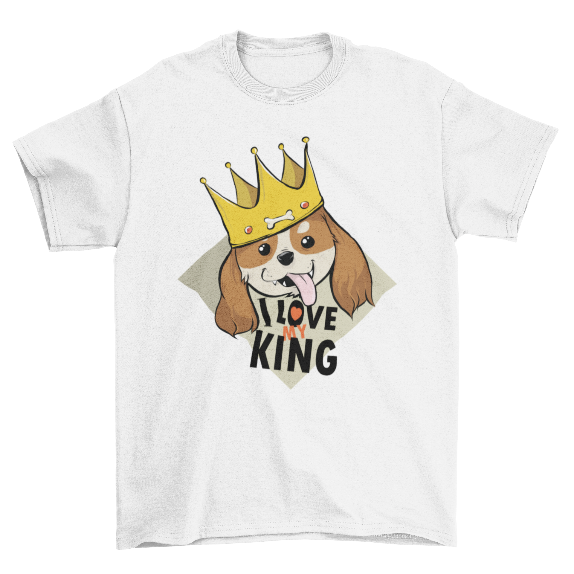 King Dog T-Shirt featuring a cute Cavalier King puppy with a crown and its tongue out, perfect for small to medium dogs.