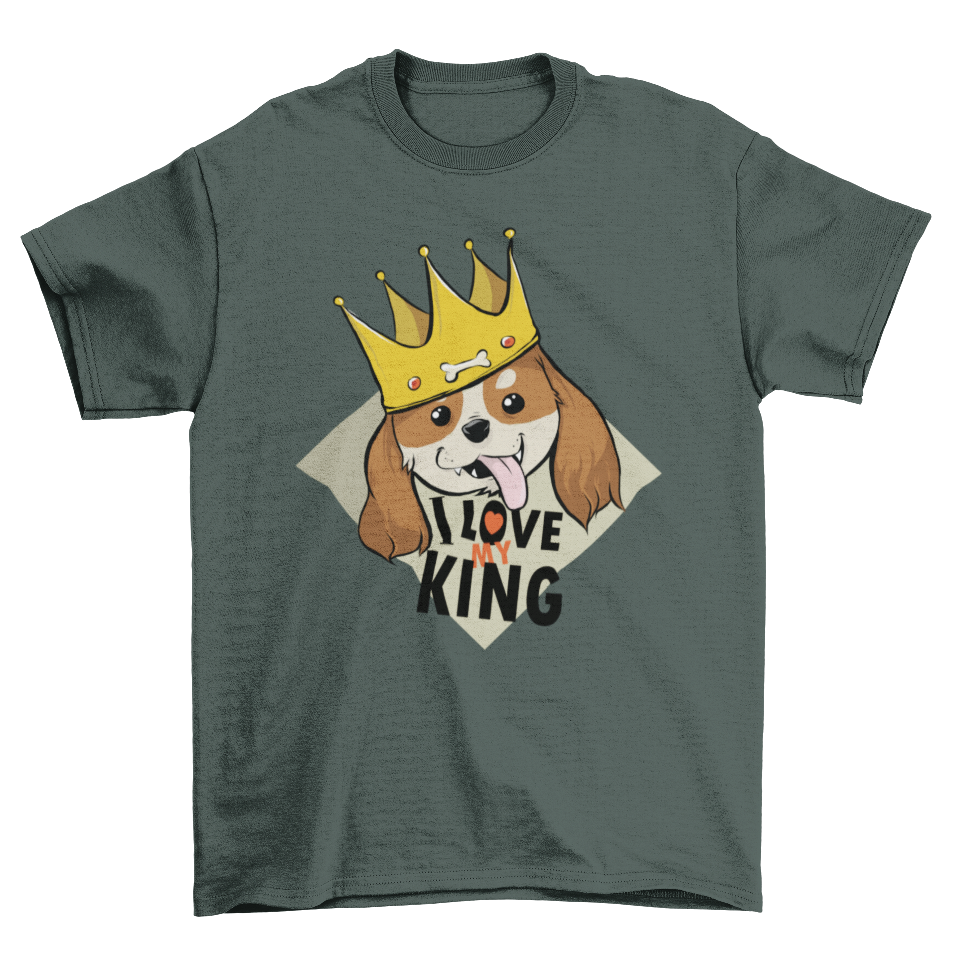 King Dog T-Shirt featuring a cute Cavalier King puppy with a crown and its tongue out, perfect for small to medium dogs.