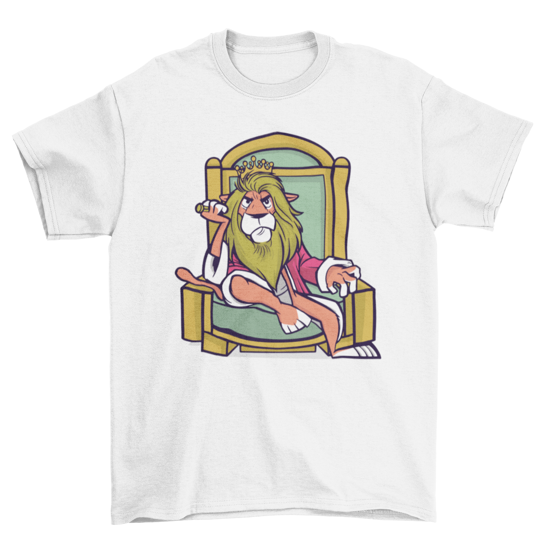 A stylish King Lion T-shirt featuring a lion illustration on a throne, showcasing strength and royalty.