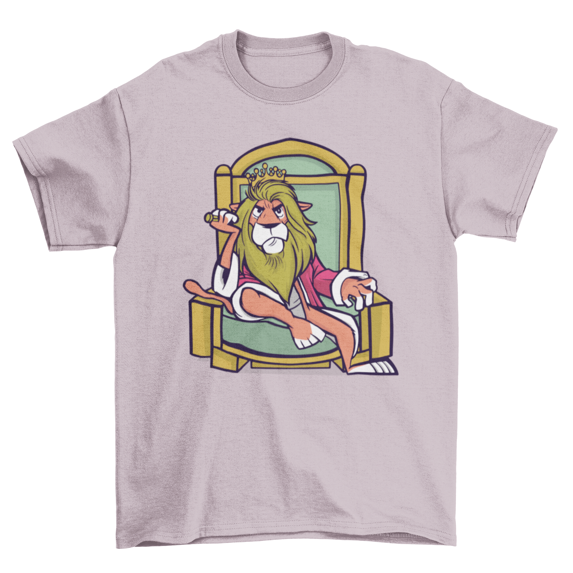 A stylish King Lion T-shirt featuring a lion illustration on a throne, showcasing strength and royalty.