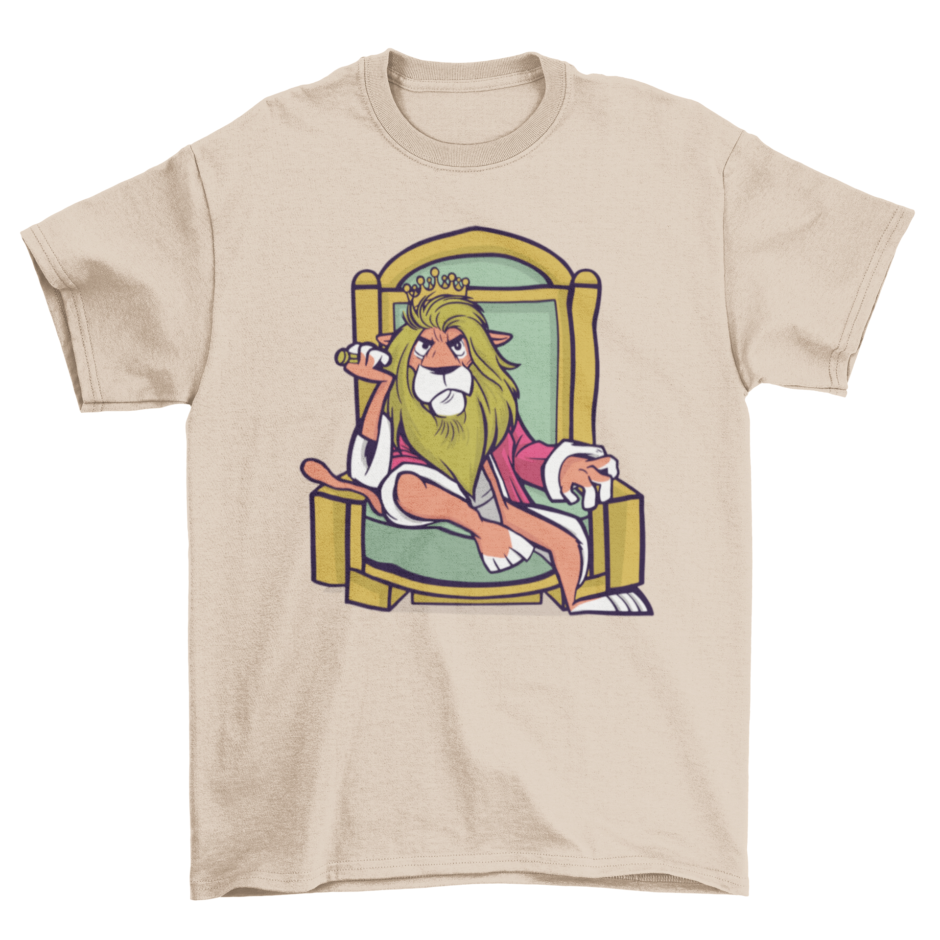 A stylish King Lion T-shirt featuring a lion illustration on a throne, showcasing strength and royalty.