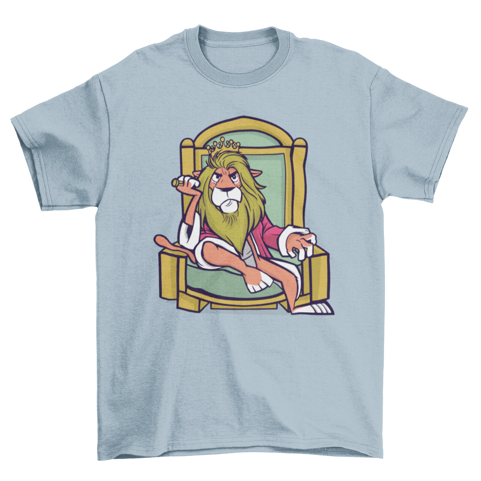 A stylish King Lion T-shirt featuring a lion illustration on a throne, showcasing strength and royalty.