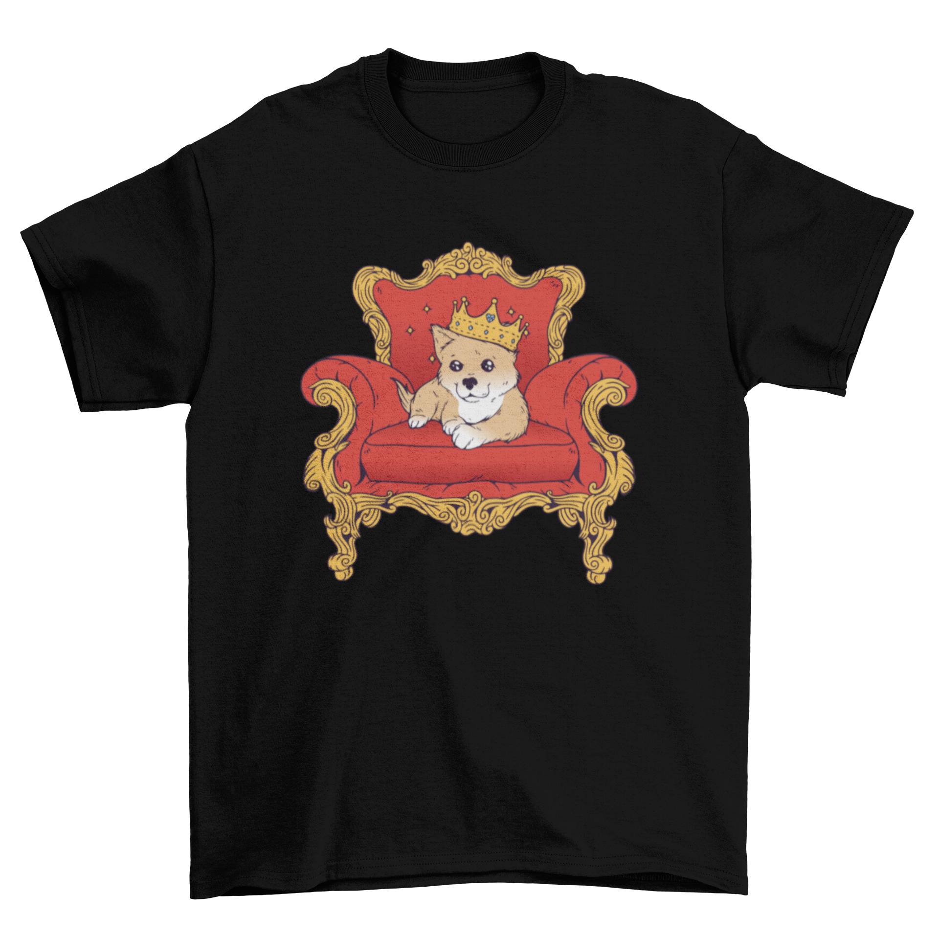 A stylish T-shirt featuring a puppy wearing a crown, sitting on an ornate chair, perfect for dog lovers.