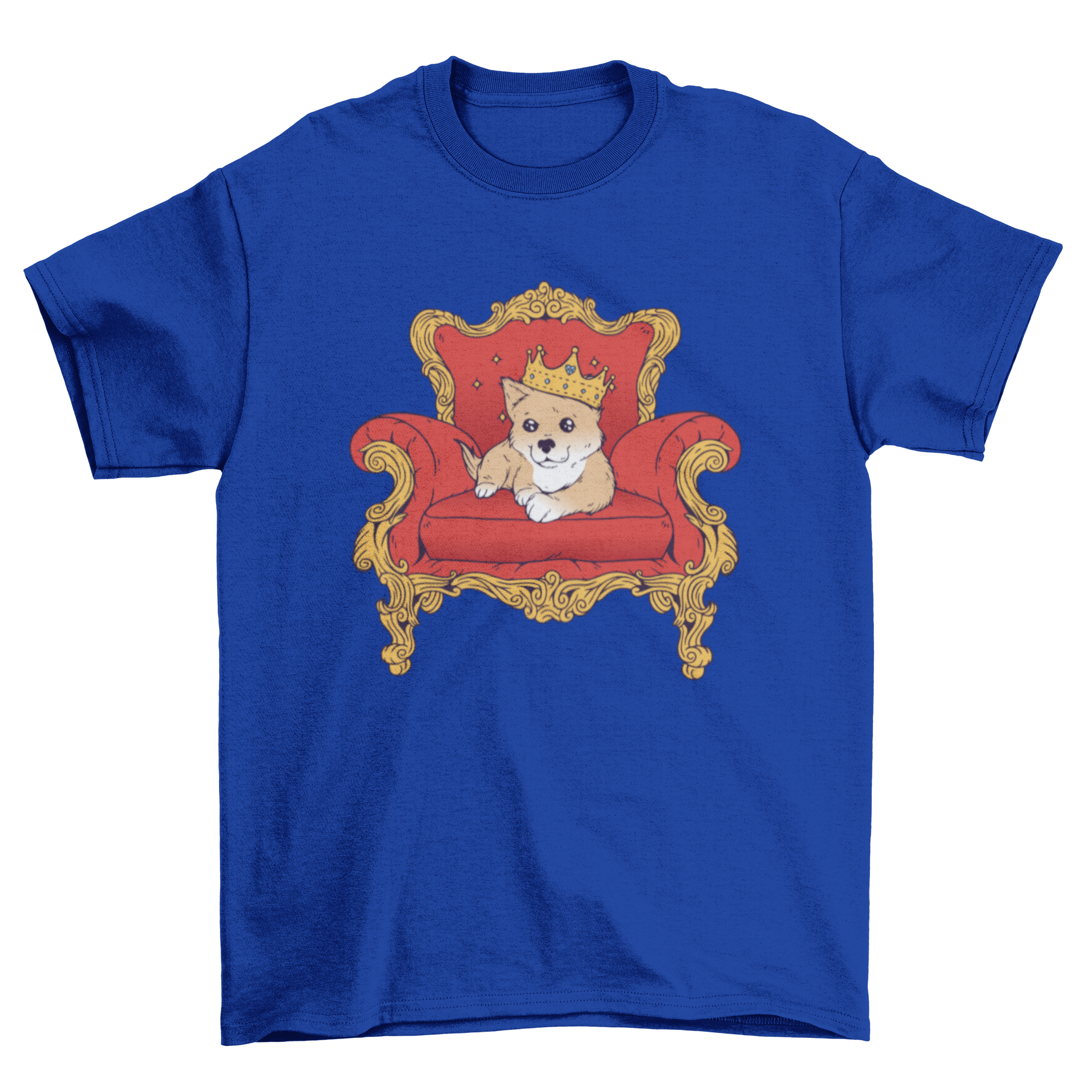 A stylish T-shirt featuring a puppy wearing a crown, sitting on an ornate chair, perfect for dog lovers.