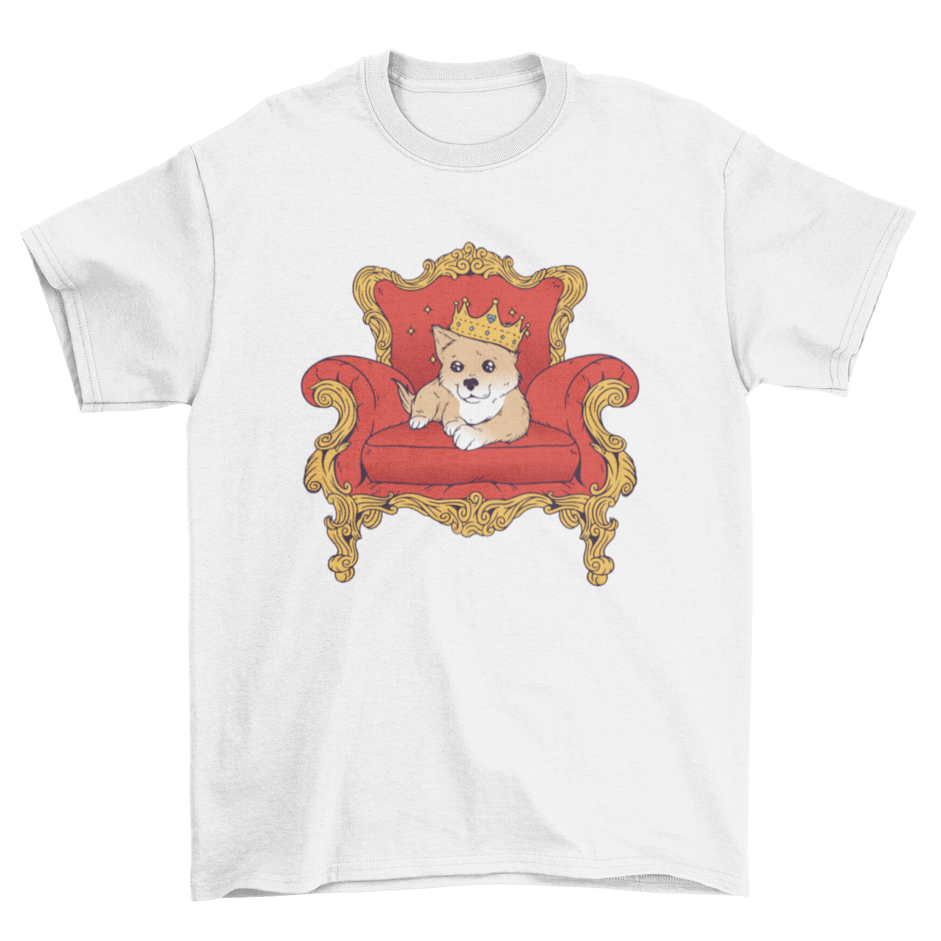 A stylish T-shirt featuring a puppy wearing a crown, sitting on an ornate chair, perfect for dog lovers.