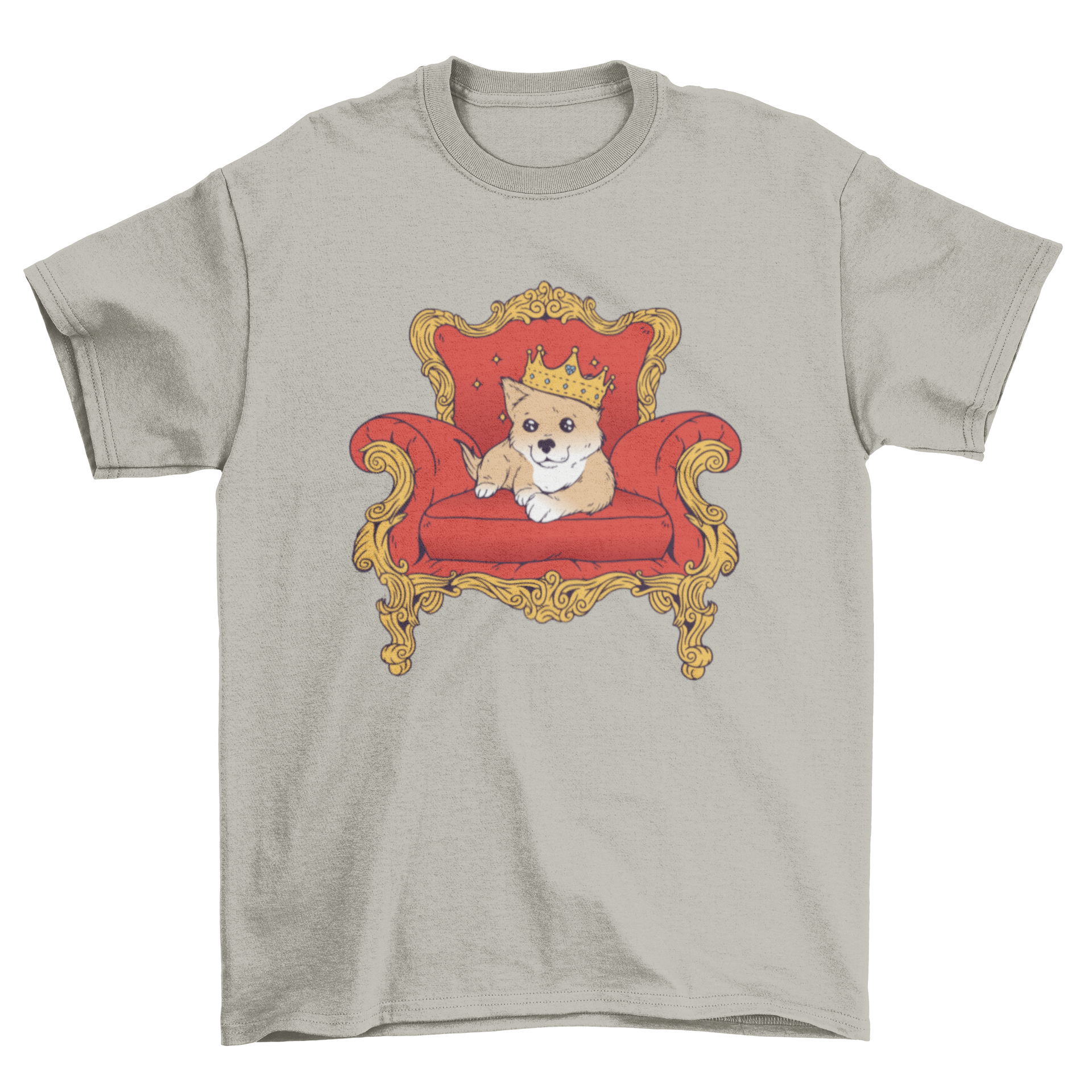 A stylish T-shirt featuring a puppy wearing a crown, sitting on an ornate chair, perfect for dog lovers.