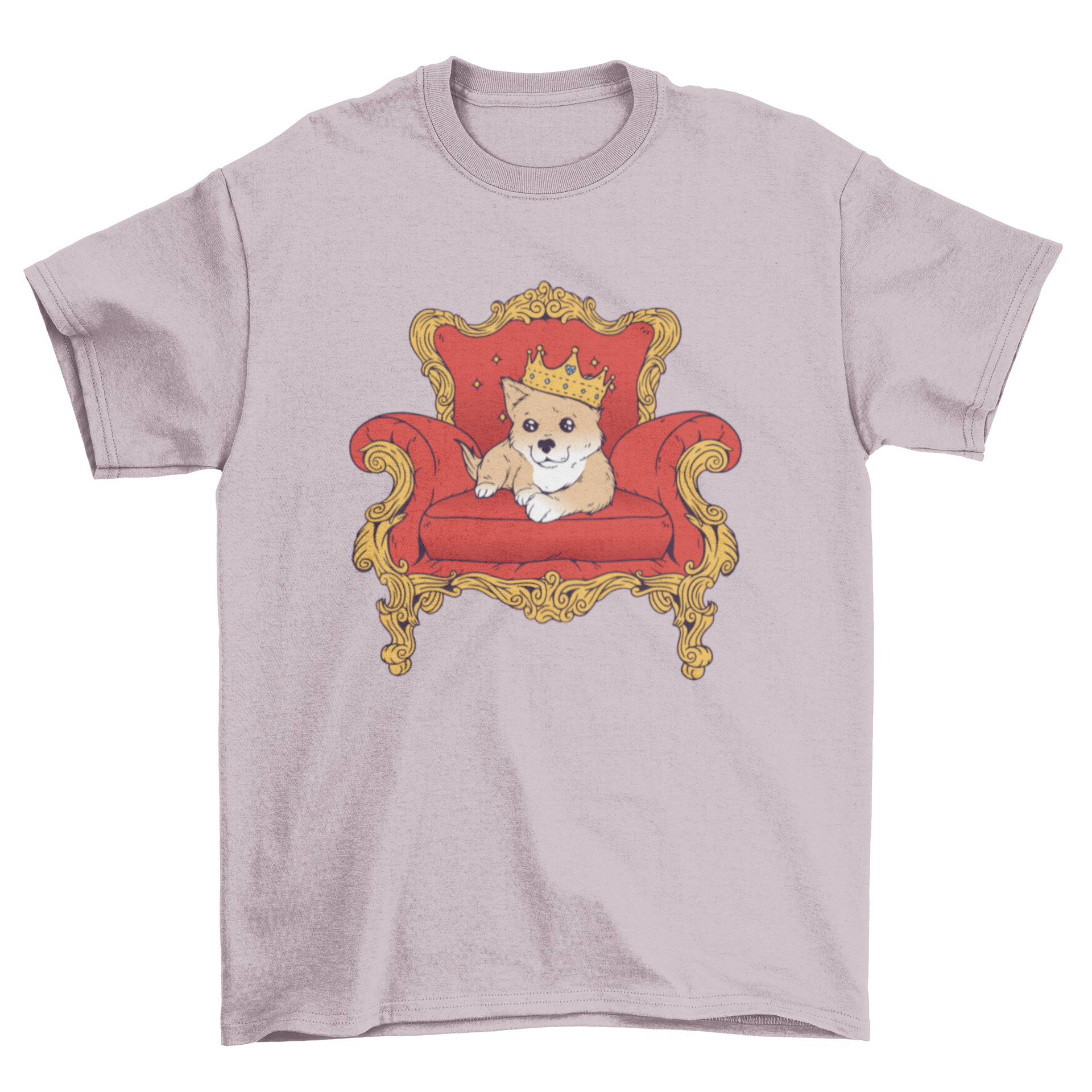 A stylish T-shirt featuring a puppy wearing a crown, sitting on an ornate chair, perfect for dog lovers.