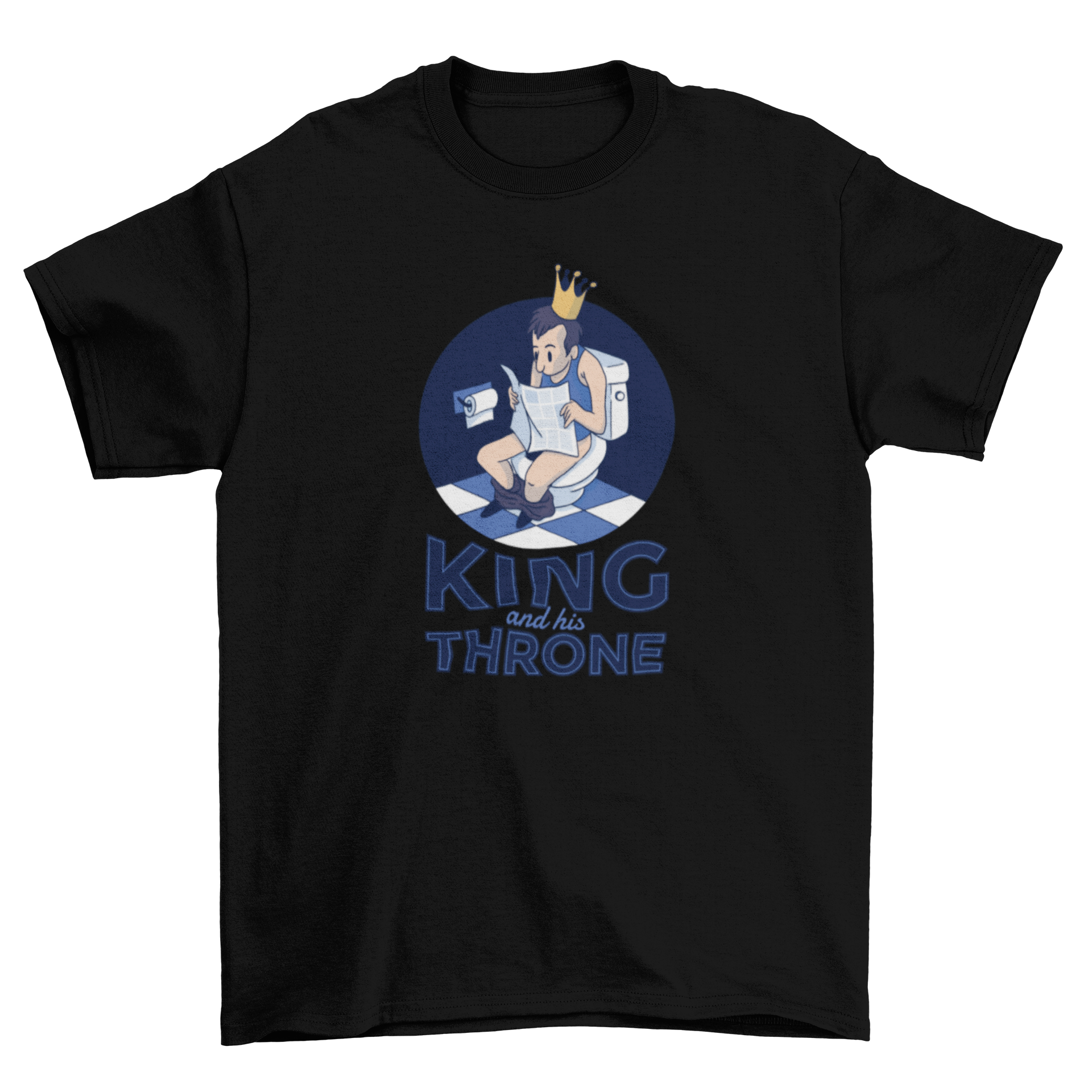 King Throne T-Shirt featuring a cartoon man on a toilet wearing a crown and reading a newspaper with the caption 'King and his throne'.