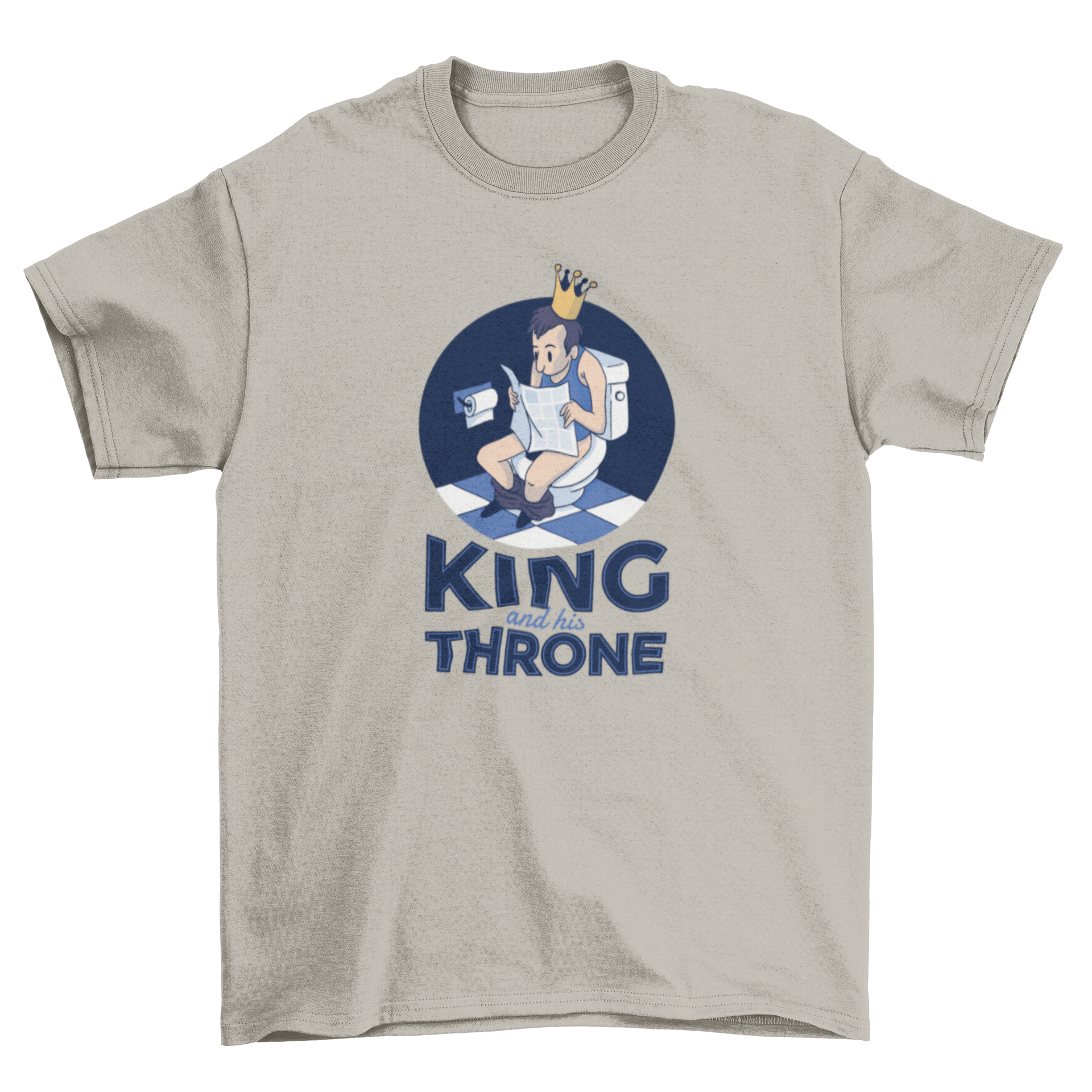 King Throne T-Shirt featuring a cartoon man on a toilet wearing a crown and reading a newspaper with the caption 'King and his throne'.