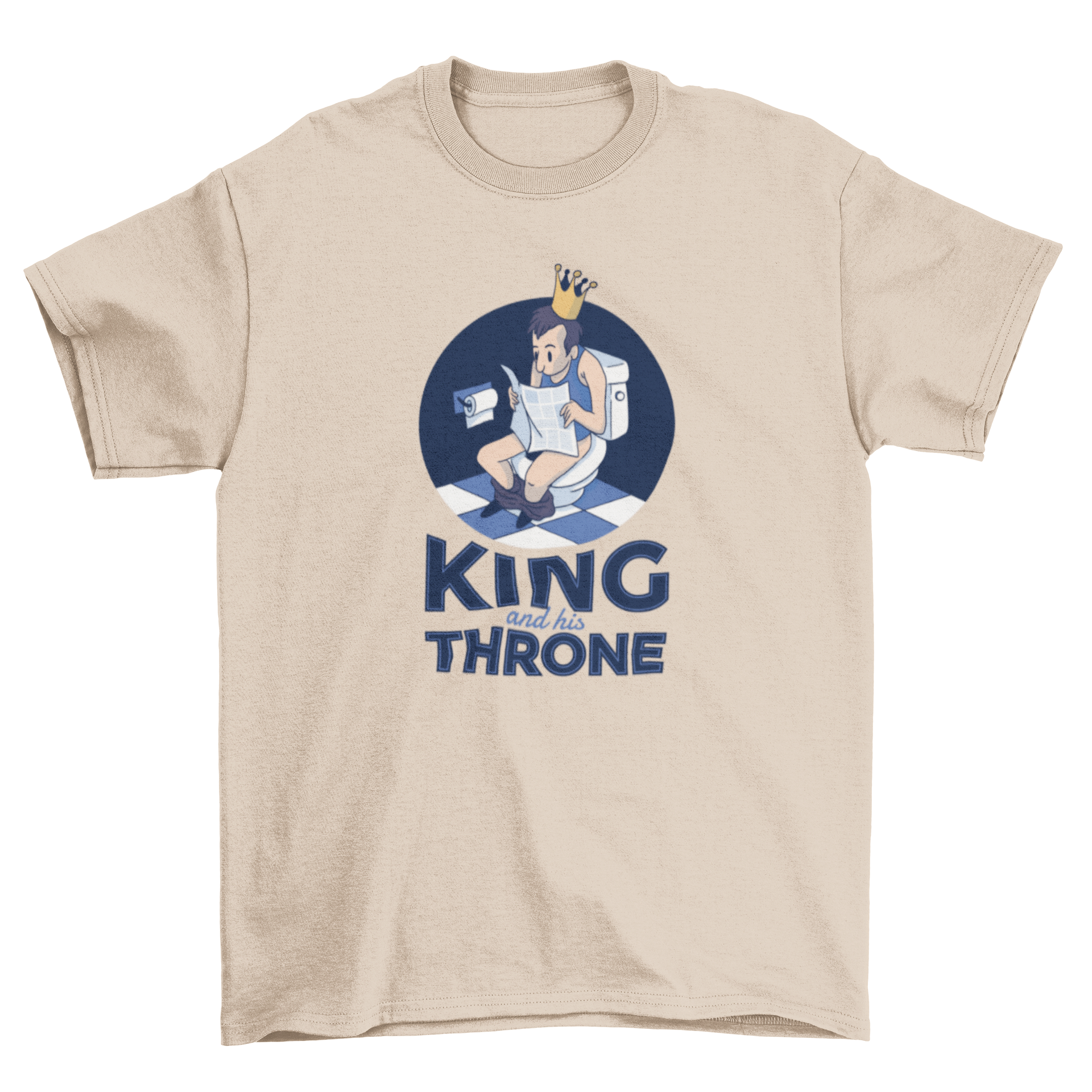 King Throne T-Shirt featuring a cartoon man on a toilet wearing a crown and reading a newspaper with the caption 'King and his throne'.