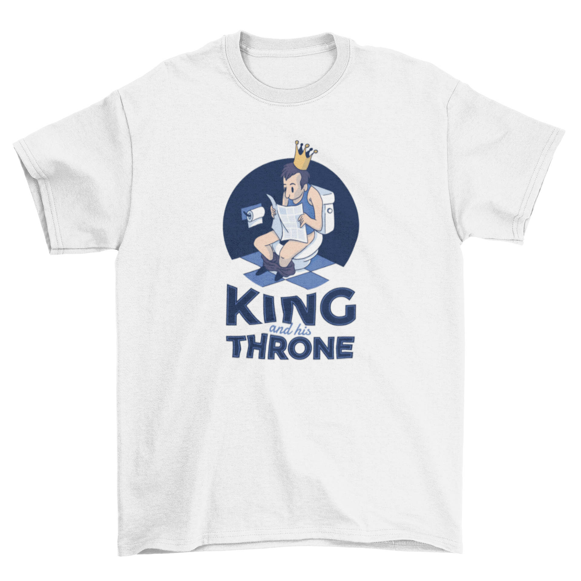 King Throne T-Shirt featuring a cartoon man on a toilet wearing a crown and reading a newspaper with the caption 'King and his throne'.