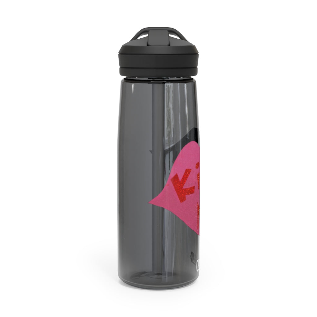 Kiss Me CamelBak Eddy® Water Bottle in 20oz and 25oz sizes, showcasing its durable Tritan™ material and spill-proof design.