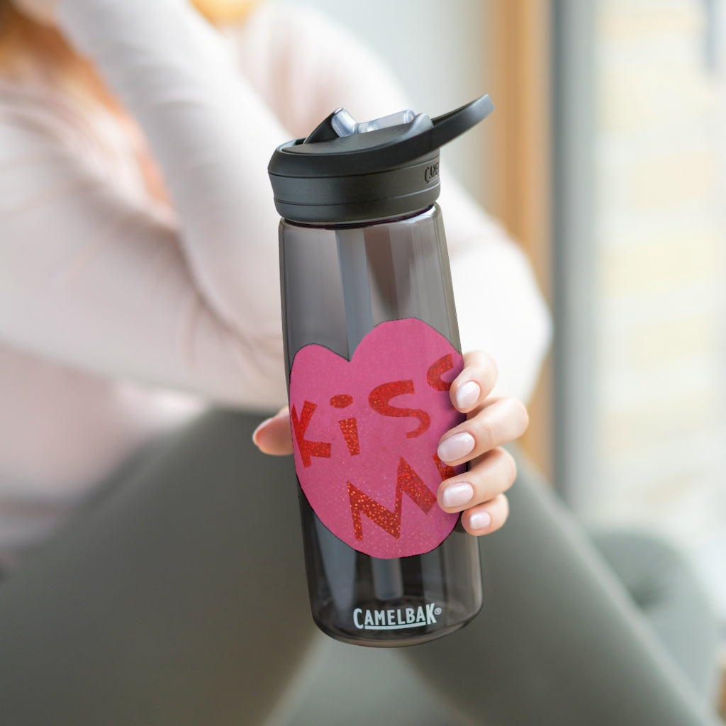 Kiss Me CamelBak Eddy® Water Bottle in 20oz and 25oz sizes, showcasing its durable Tritan™ material and spill-proof design.