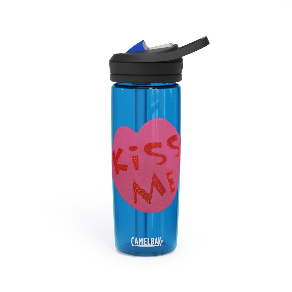 Kiss Me CamelBak Eddy® Water Bottle in 20oz and 25oz sizes, showcasing its durable Tritan™ material and spill-proof design.