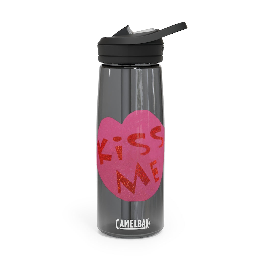 Kiss Me CamelBak Eddy® Water Bottle in 20oz and 25oz sizes, showcasing its durable Tritan™ material and spill-proof design.