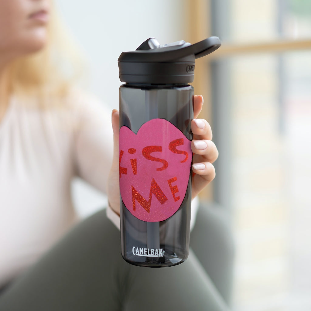 Kiss Me CamelBak Eddy® Water Bottle in 20oz and 25oz sizes, showcasing its durable Tritan™ material and spill-proof design.