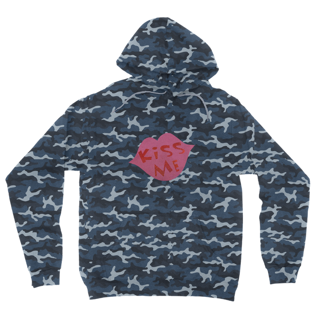 Kiss Me Camouflage Adult Hoodie featuring a stylish all-over camo print, double fabric hood, and kangaroo pouch pocket.