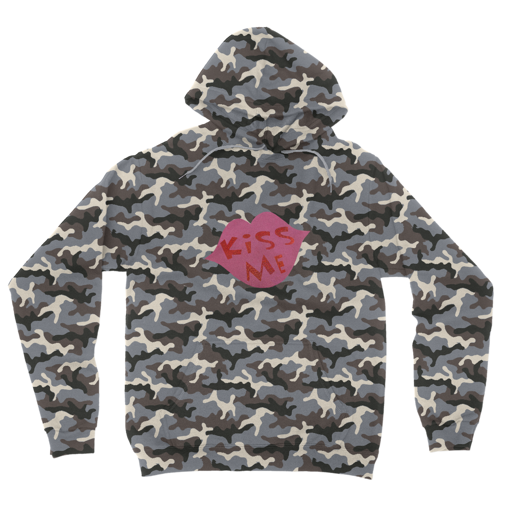 Kiss Me Camouflage Adult Hoodie featuring a stylish all-over camo print, double fabric hood, and kangaroo pouch pocket.