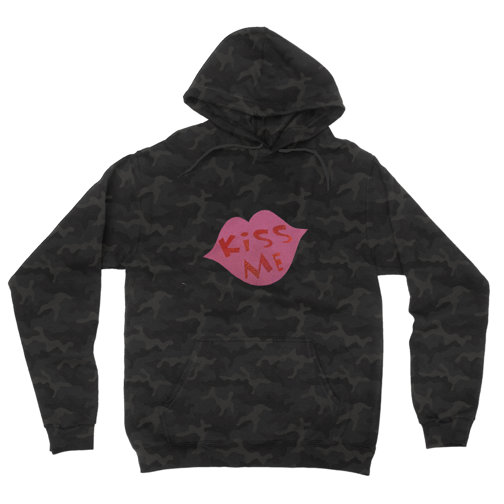 Kiss Me Camouflage Adult Hoodie featuring a stylish all-over camo print, double fabric hood, and kangaroo pouch pocket.