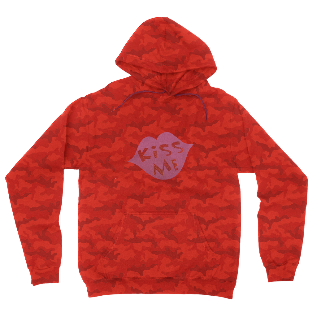 Kiss Me Camouflage Adult Hoodie featuring a stylish all-over camo print, double fabric hood, and kangaroo pouch pocket.