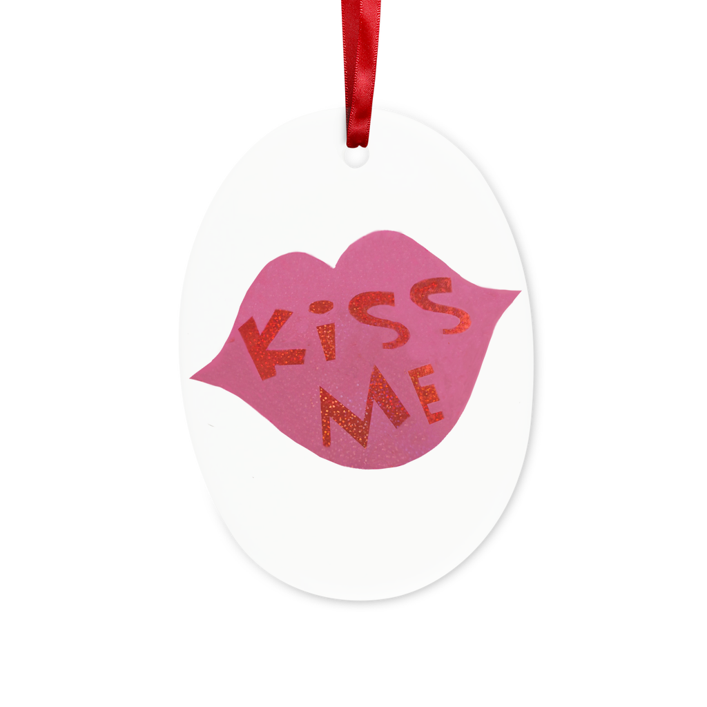 Kiss Me Ceramic Hanging Ornament with red ribbon and gold string, perfect for Christmas decoration.