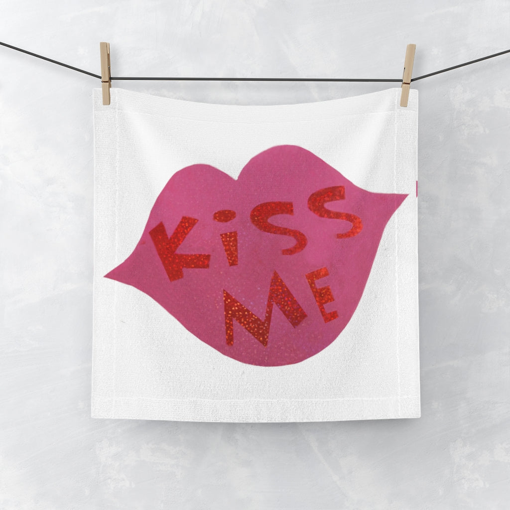 Kiss Me Face Towel featuring a customizable polyester front and soft cotton back, ideal for personal designs.