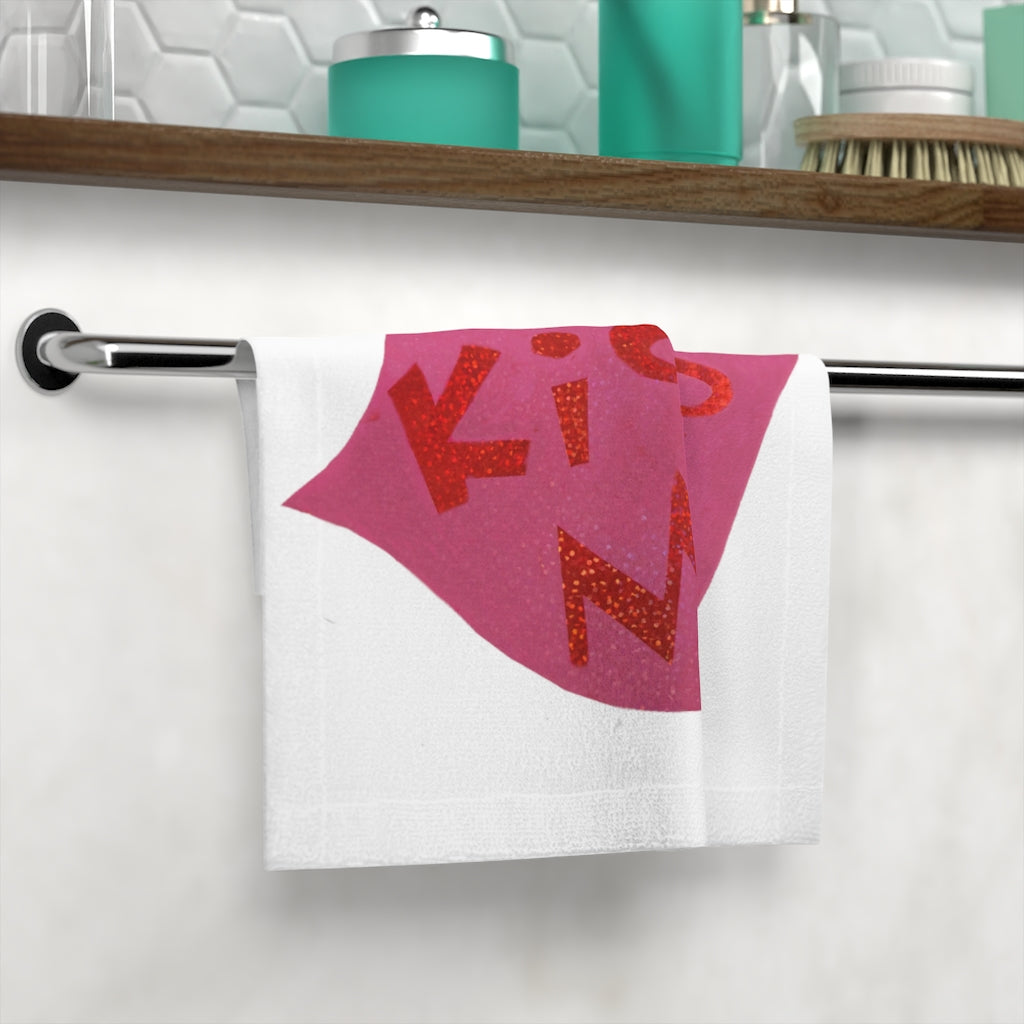 Kiss Me Face Towel featuring a customizable polyester front and soft cotton back, ideal for personal designs.