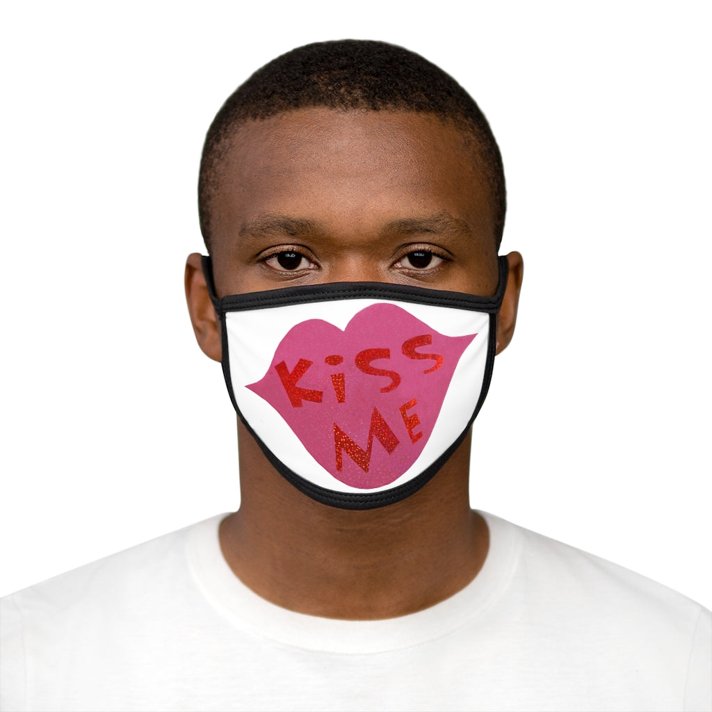 Kiss Me Mixed-Fabric Face Mask featuring a black outer edge and earloops, made of polyester and cotton for comfort and style.