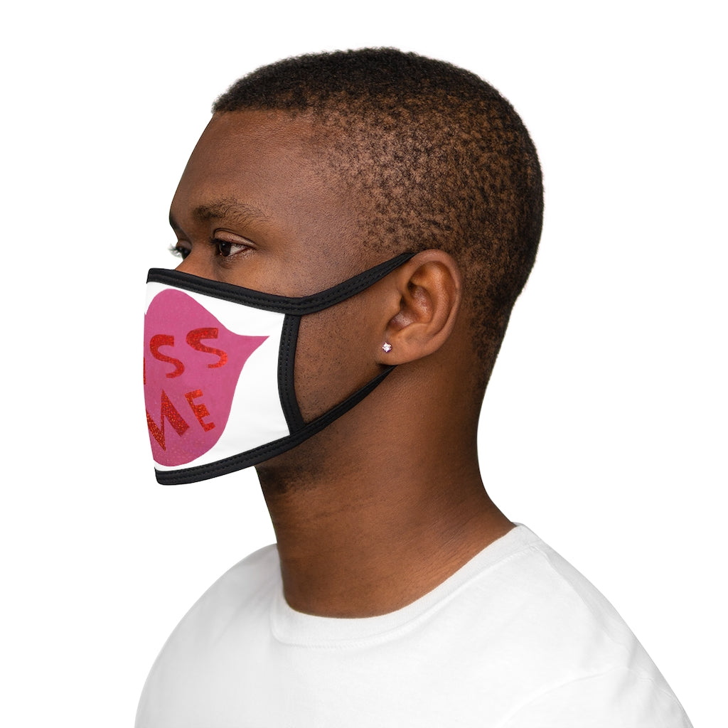 Kiss Me Mixed-Fabric Face Mask featuring a black outer edge and earloops, made of polyester and cotton for comfort and style.