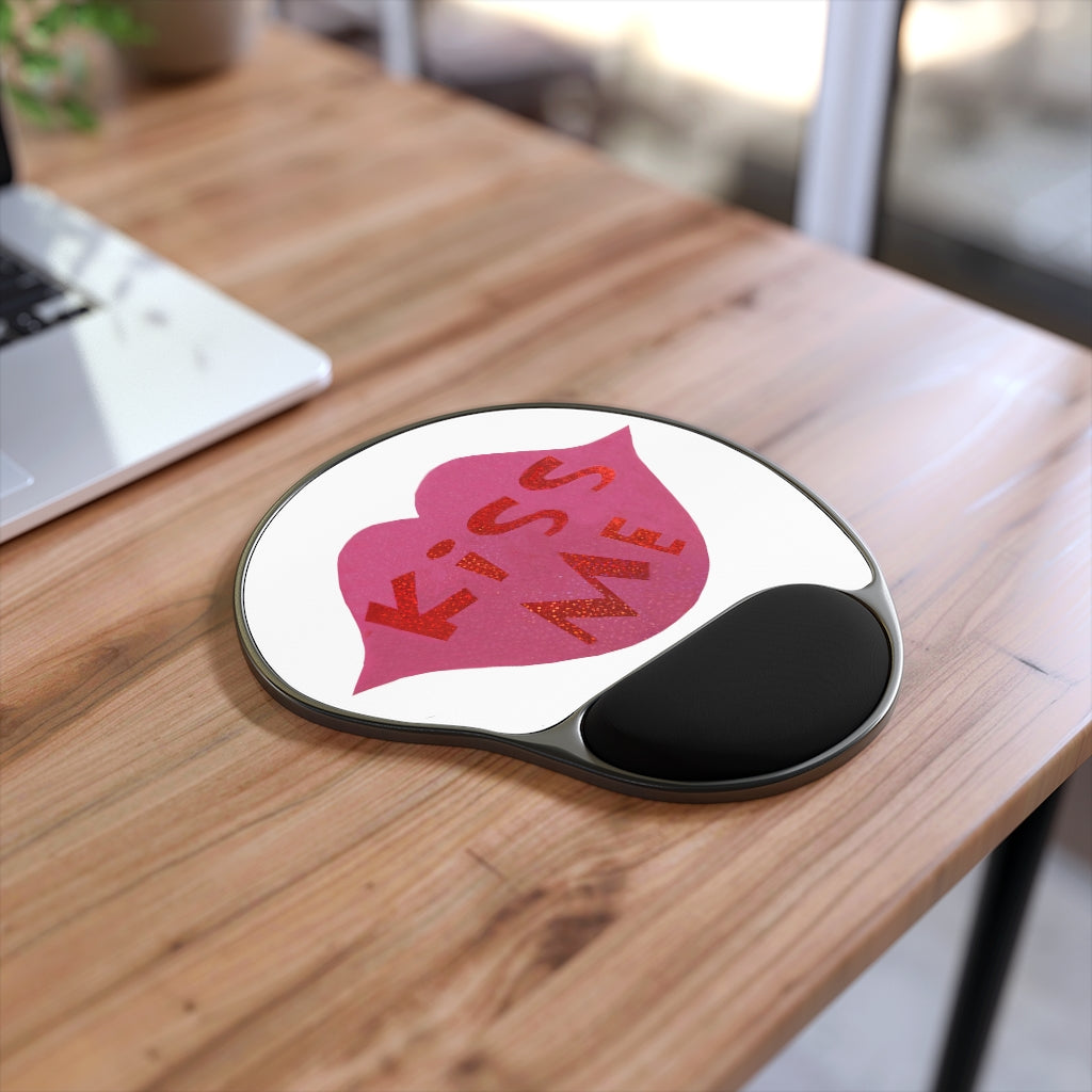 Kiss Me Mouse Pad featuring ergonomic Memory Foam wrist rest and custom-printed neoprene insert in a foot-shaped design.