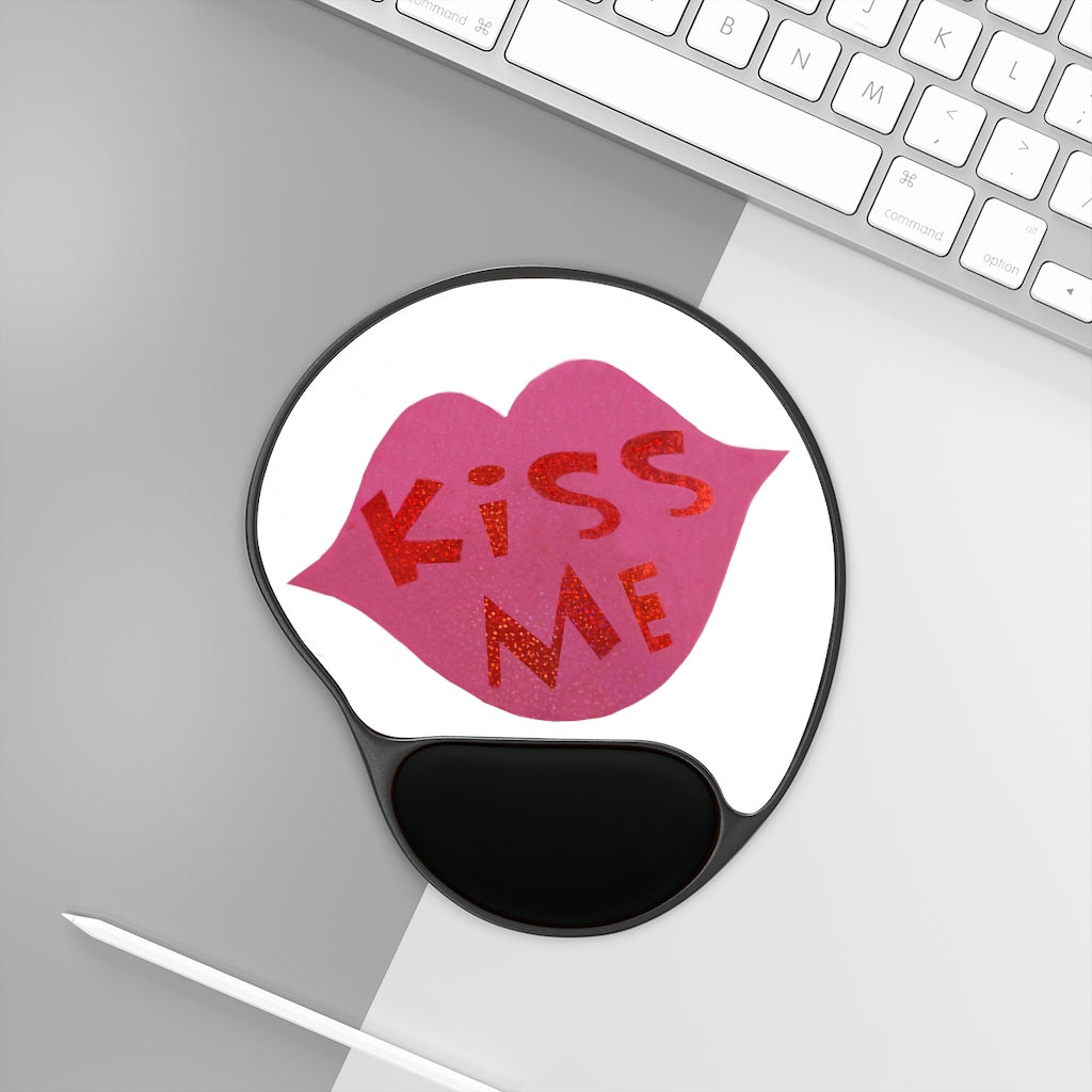 Kiss Me Mouse Pad featuring ergonomic Memory Foam wrist rest and custom-printed neoprene insert in a foot-shaped design.