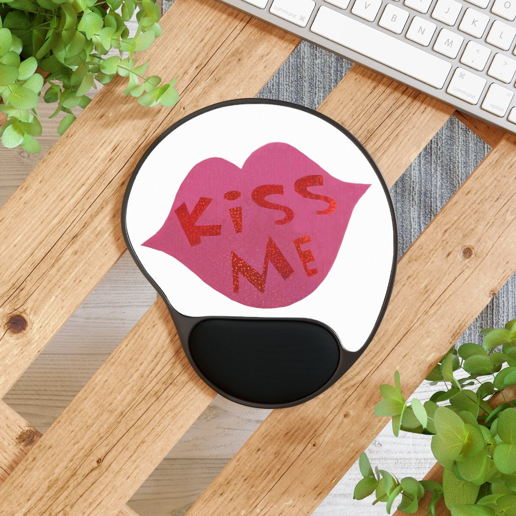 Kiss Me Mouse Pad featuring ergonomic Memory Foam wrist rest and custom-printed neoprene insert in a foot-shaped design.