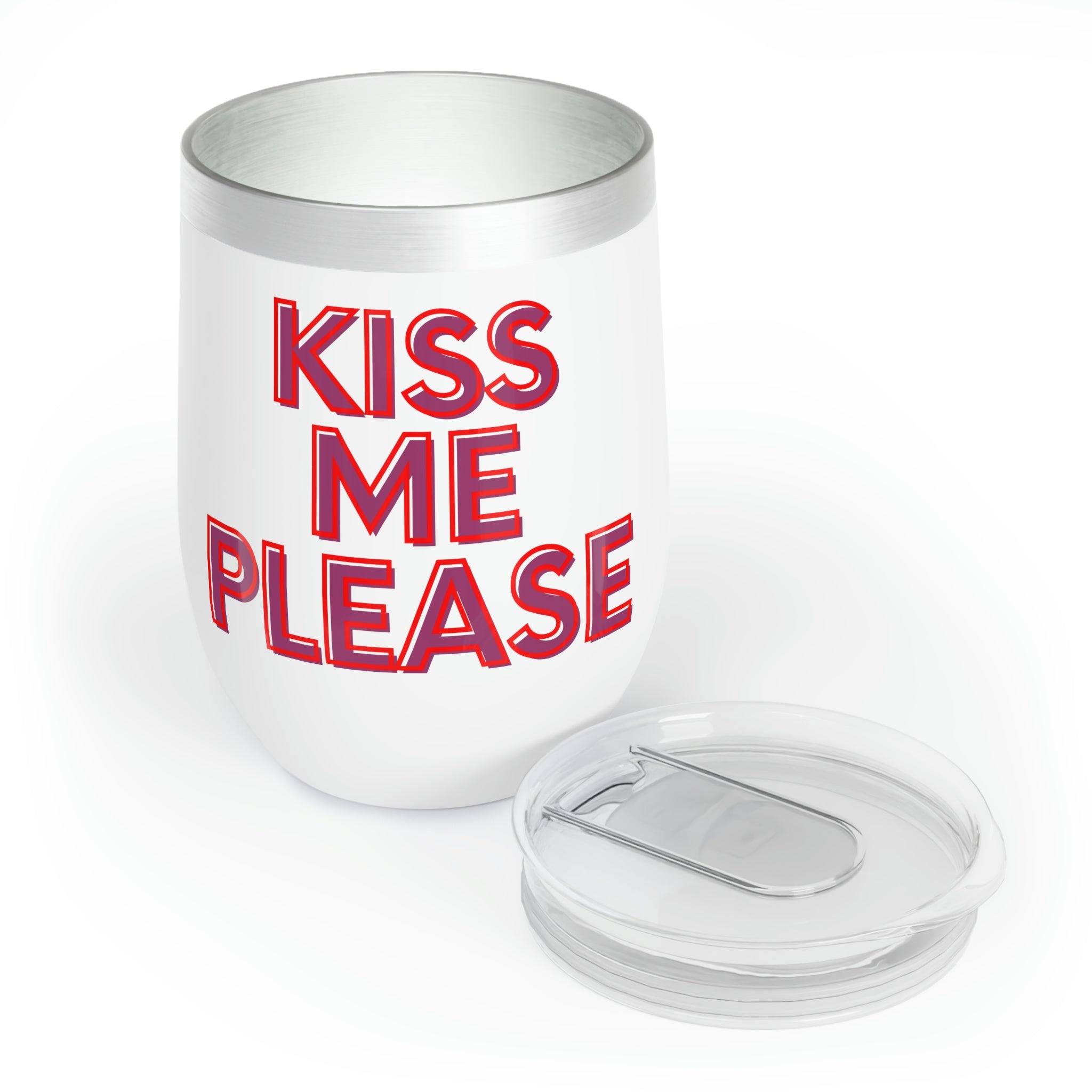 Kiss Me Please Chill Wine Tumbler in stainless steel with a customizable design, showcasing its double-insulated walls and stemless shape.