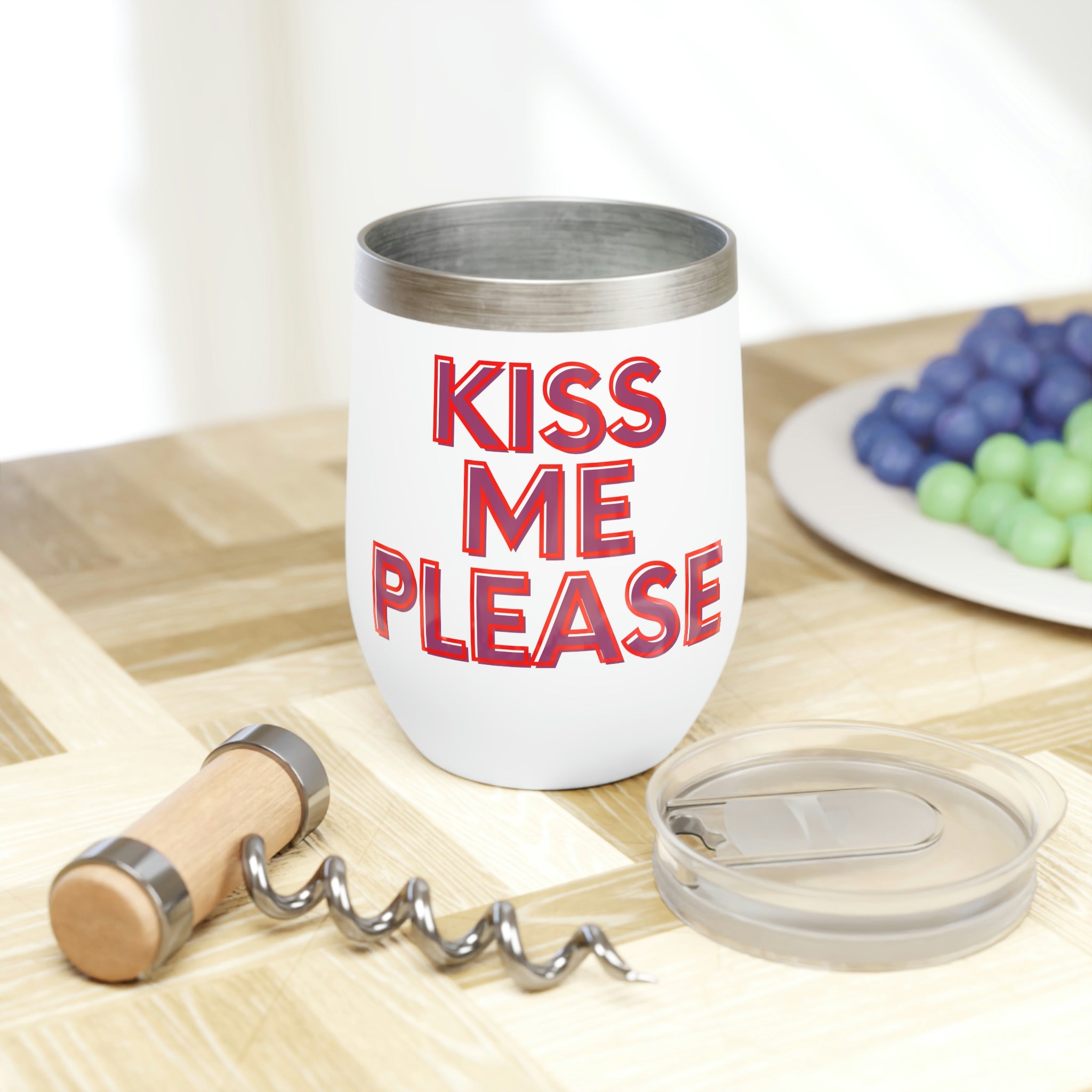 Kiss Me Please Chill Wine Tumbler in stainless steel with a customizable design, showcasing its double-insulated walls and stemless shape.