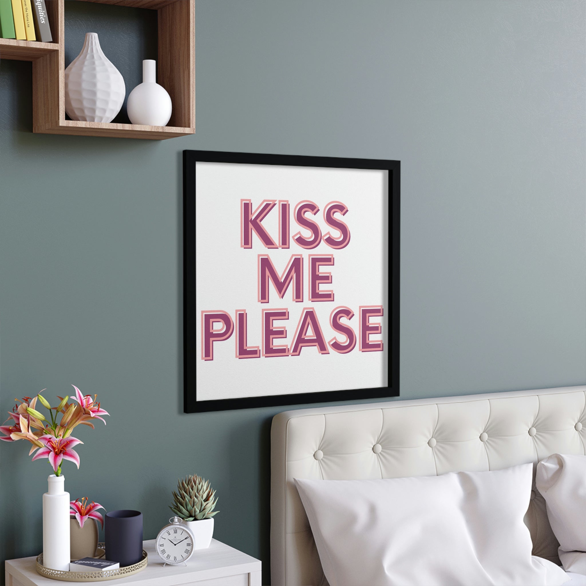 Kiss Me Please Framed Poster with a hand-crafted wooden frame, showcasing vibrant colors and unique design, ready to hang.