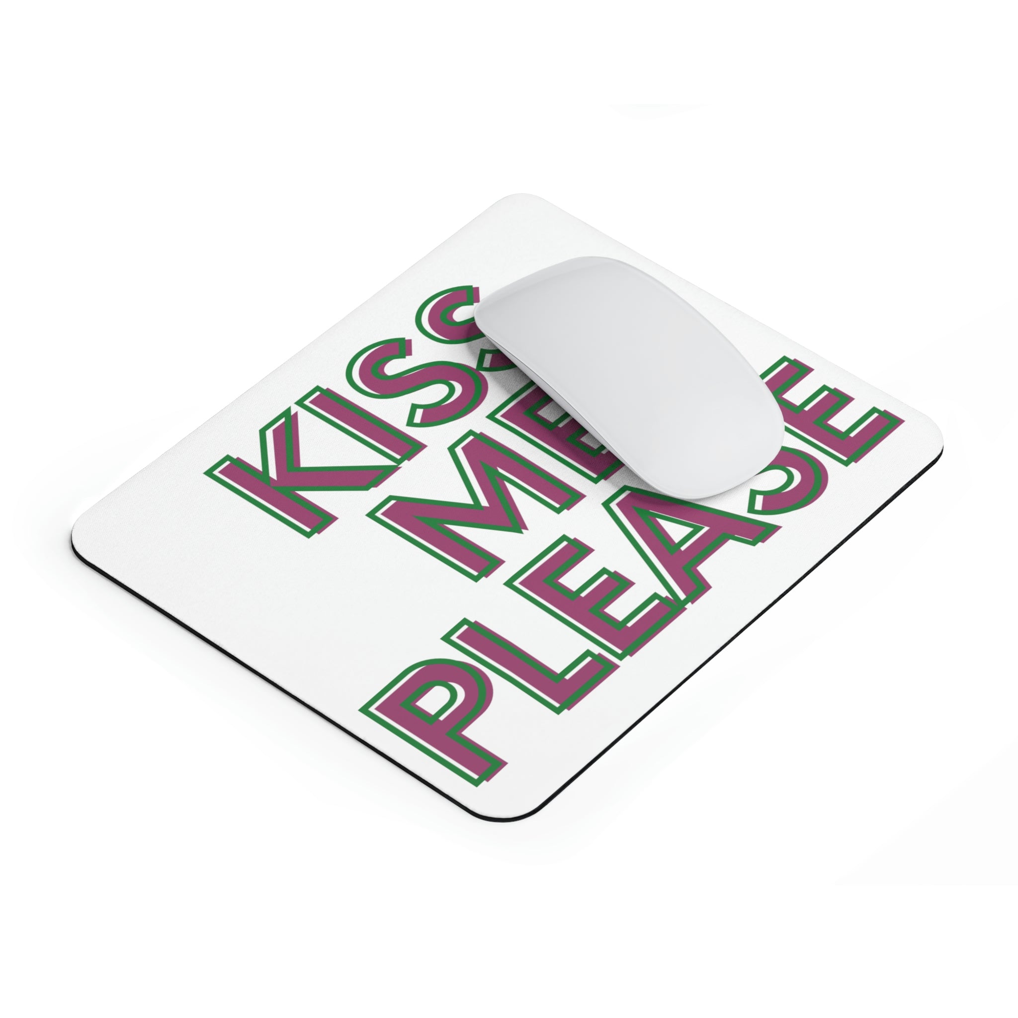 Kiss Me Please Mouse Pad featuring a vibrant design on a smooth neoprene surface, ideal for enhancing workspace aesthetics.