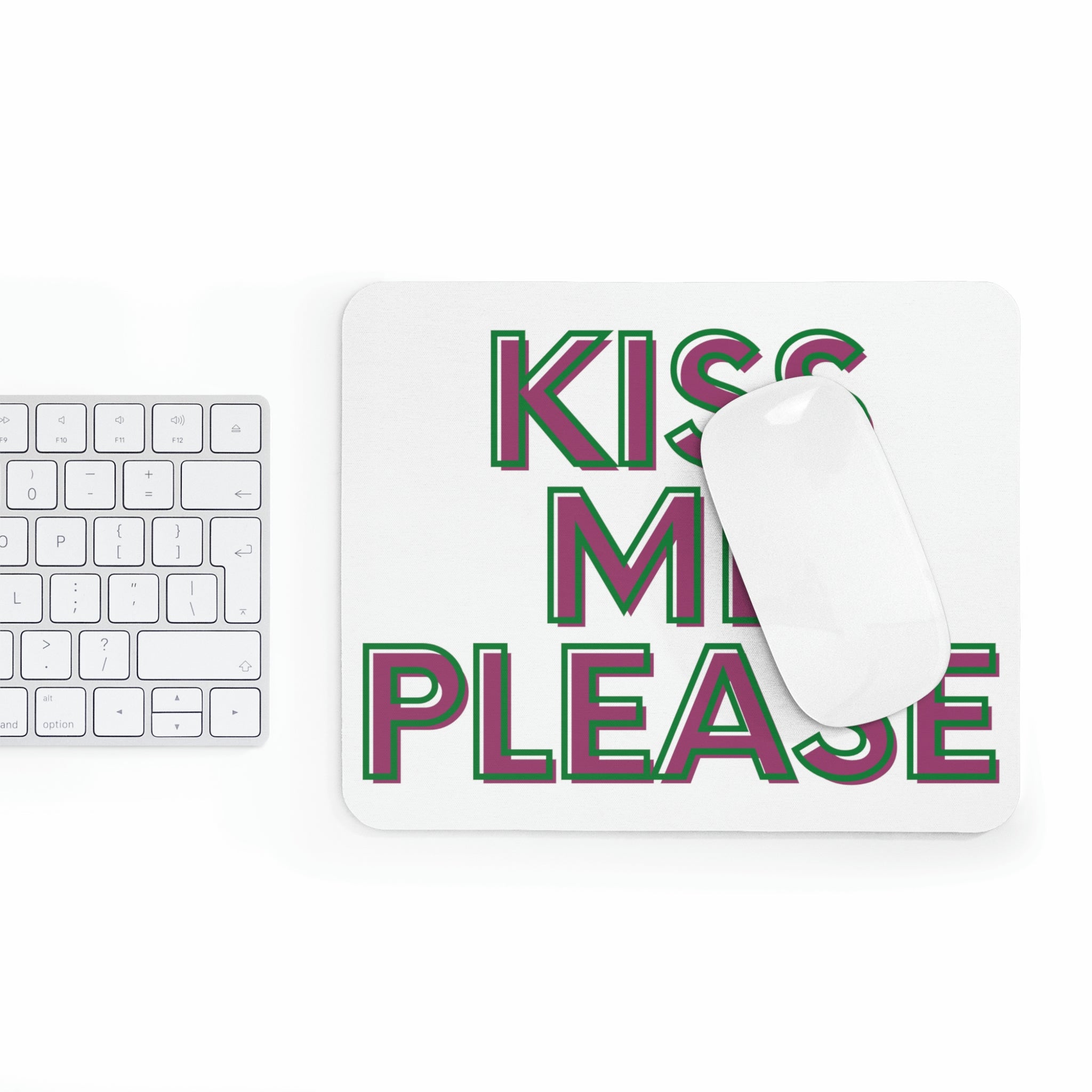 Kiss Me Please Mouse Pad featuring a vibrant design on a smooth neoprene surface, ideal for enhancing workspace aesthetics.