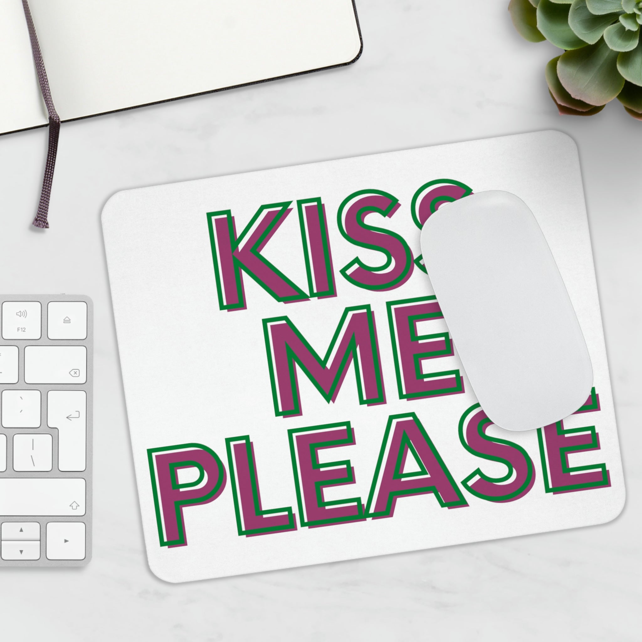 Kiss Me Please Mouse Pad featuring a vibrant design on a smooth neoprene surface, ideal for enhancing workspace aesthetics.