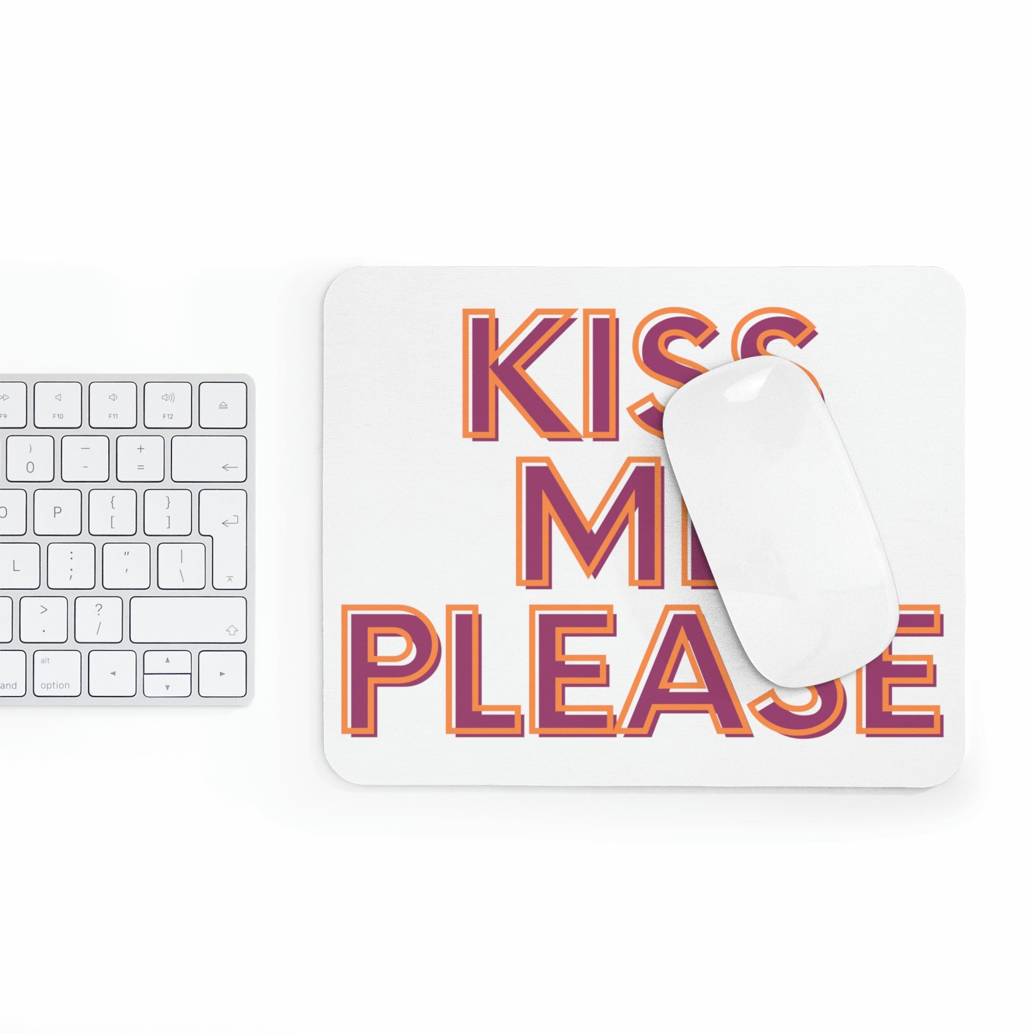 Kiss Me Please Mouse Pad featuring a vibrant personalized design, made of durable neoprene with a non-slip base.