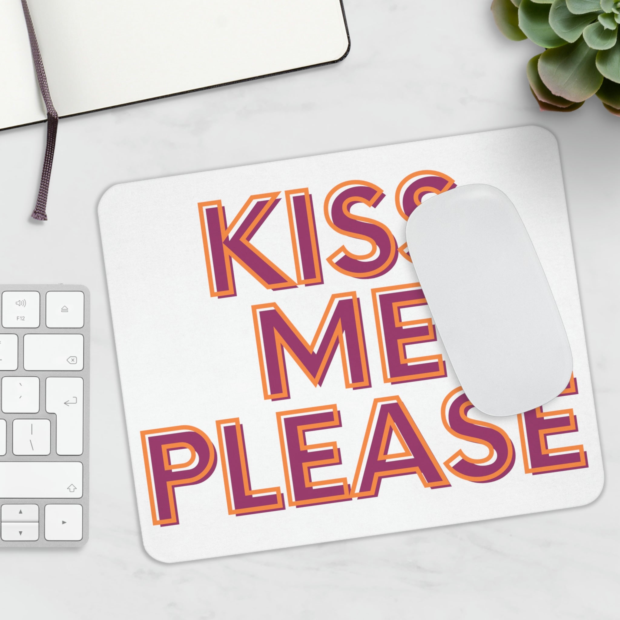 Kiss Me Please Mouse Pad featuring a vibrant personalized design, made of durable neoprene with a non-slip base.